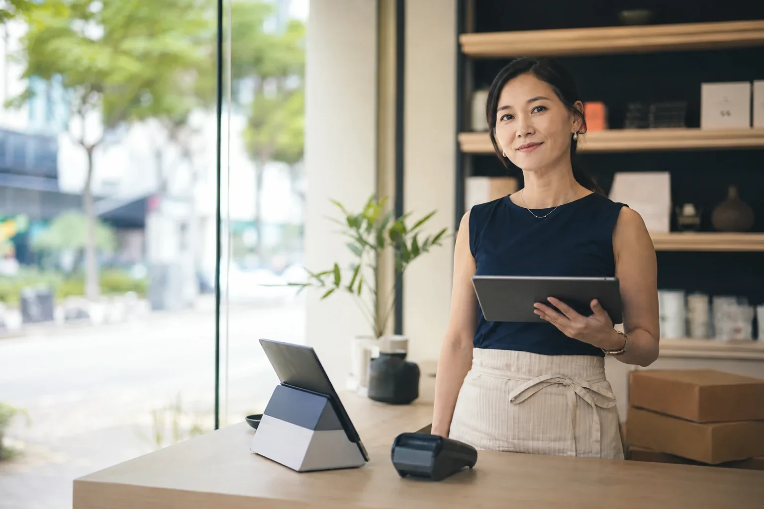A shop owner standing at the counter of her retail unit, holding a tablet beside a card terminal