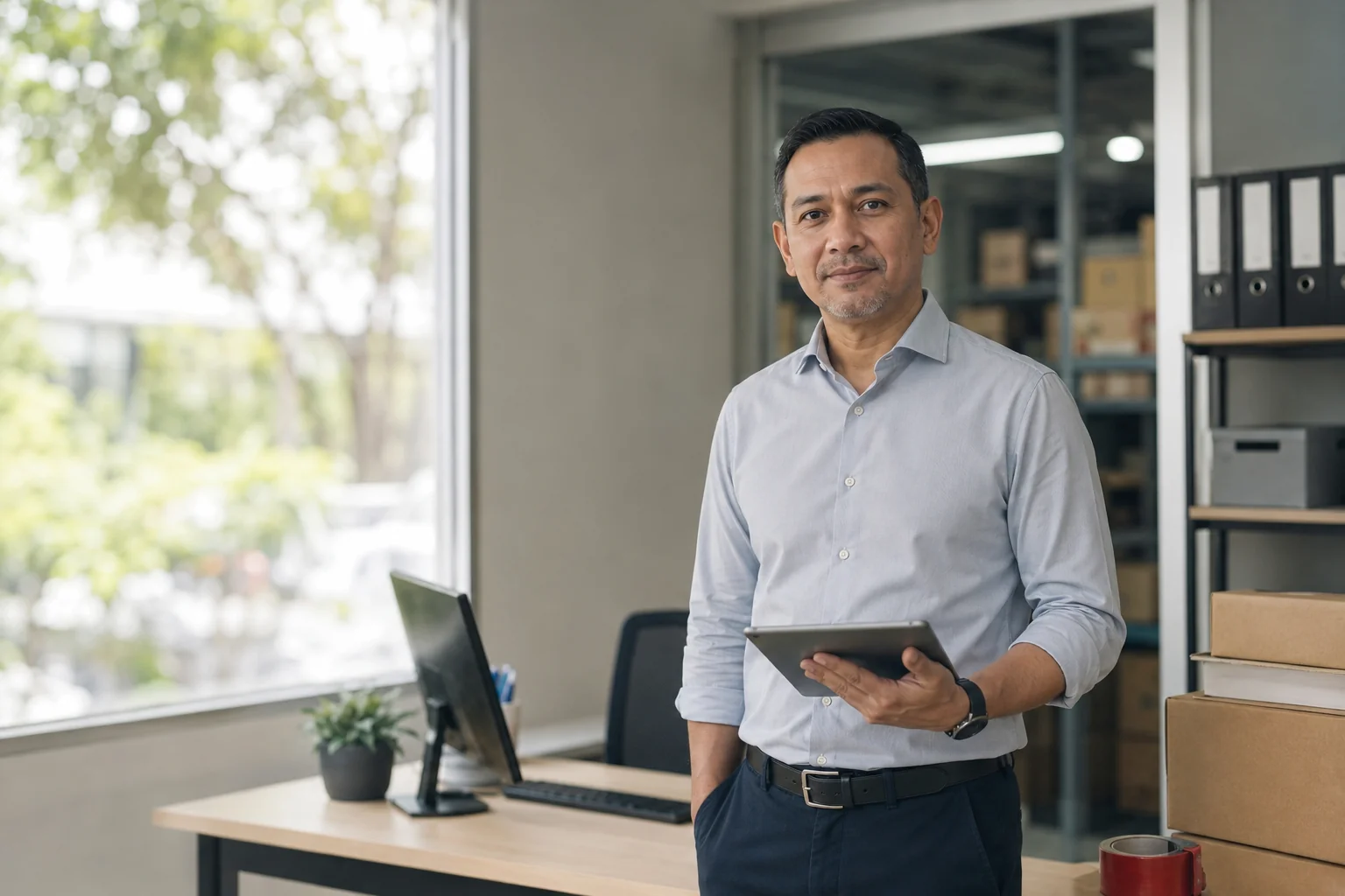 A small-business owner holding a tablet in the back office of his trading and distribution company