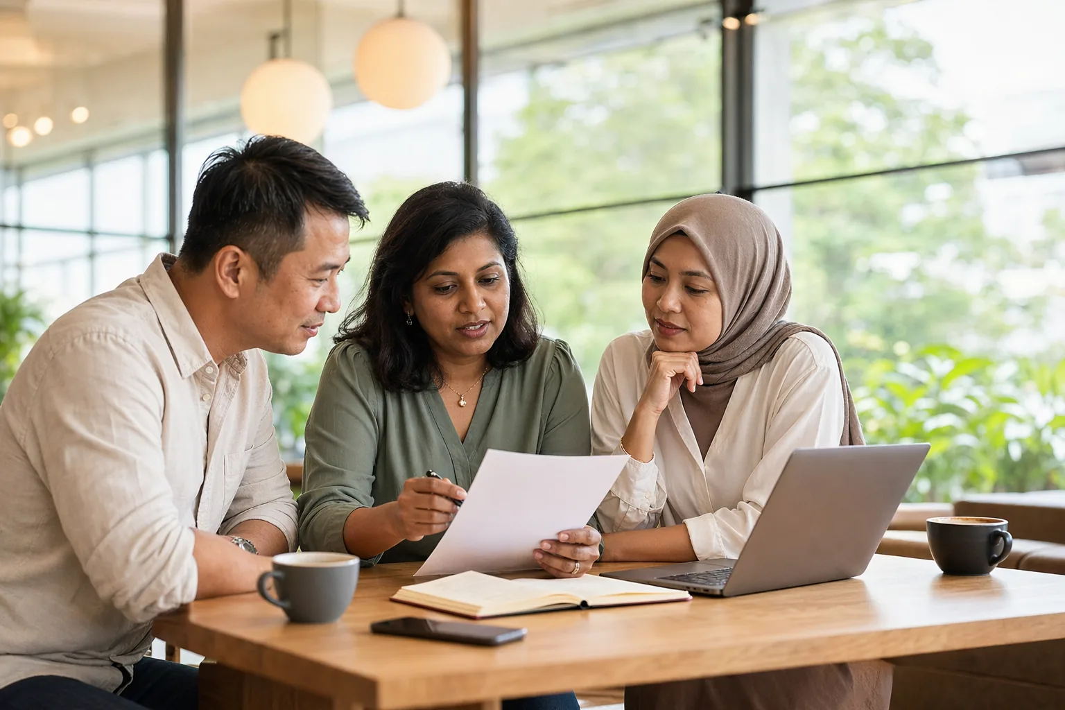 Three small-business owners reviewing paperwork together over coffee