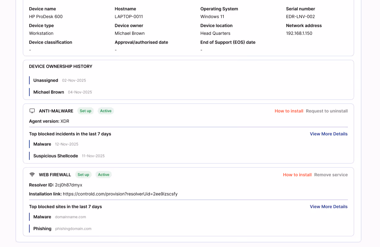 Device protection dashboard